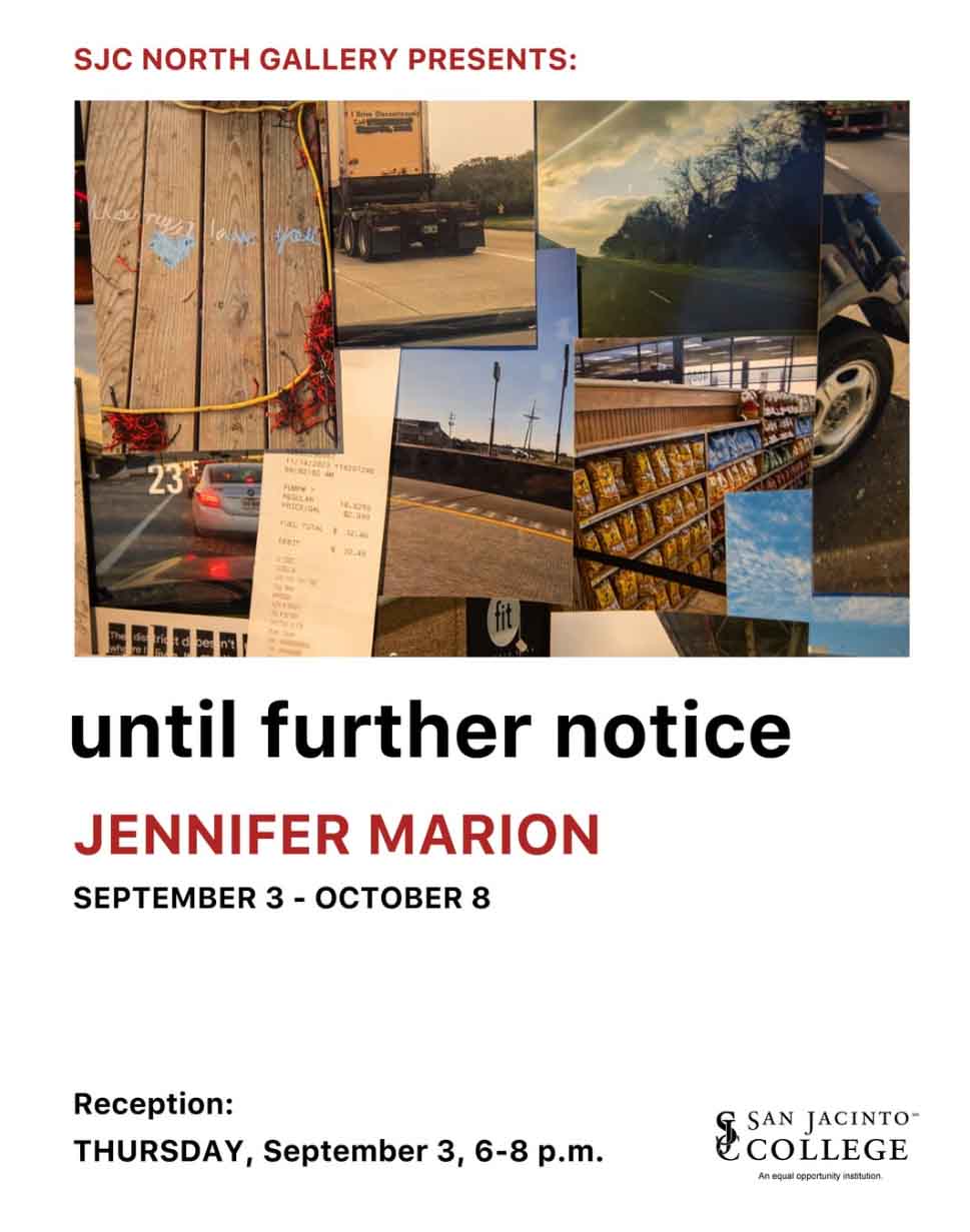 Until Further Notice by artist Jennifer Marion on view from September 3 to October 8 at the North Campus Grant Fine Arts Center. With Reception September 3 from 6 to 8 p.m.